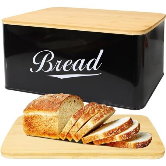 Modern Metal Bread Box with Bamboo Cutting Board Lid Bread Storage Organizer - Picture 1 of 8